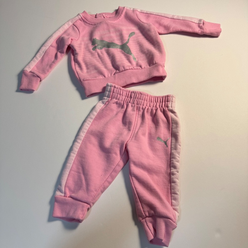 Puma Infant Girls Pink Glitter Logo‎ Sweatshirt and Joggers Tracksuit Set 0-3M